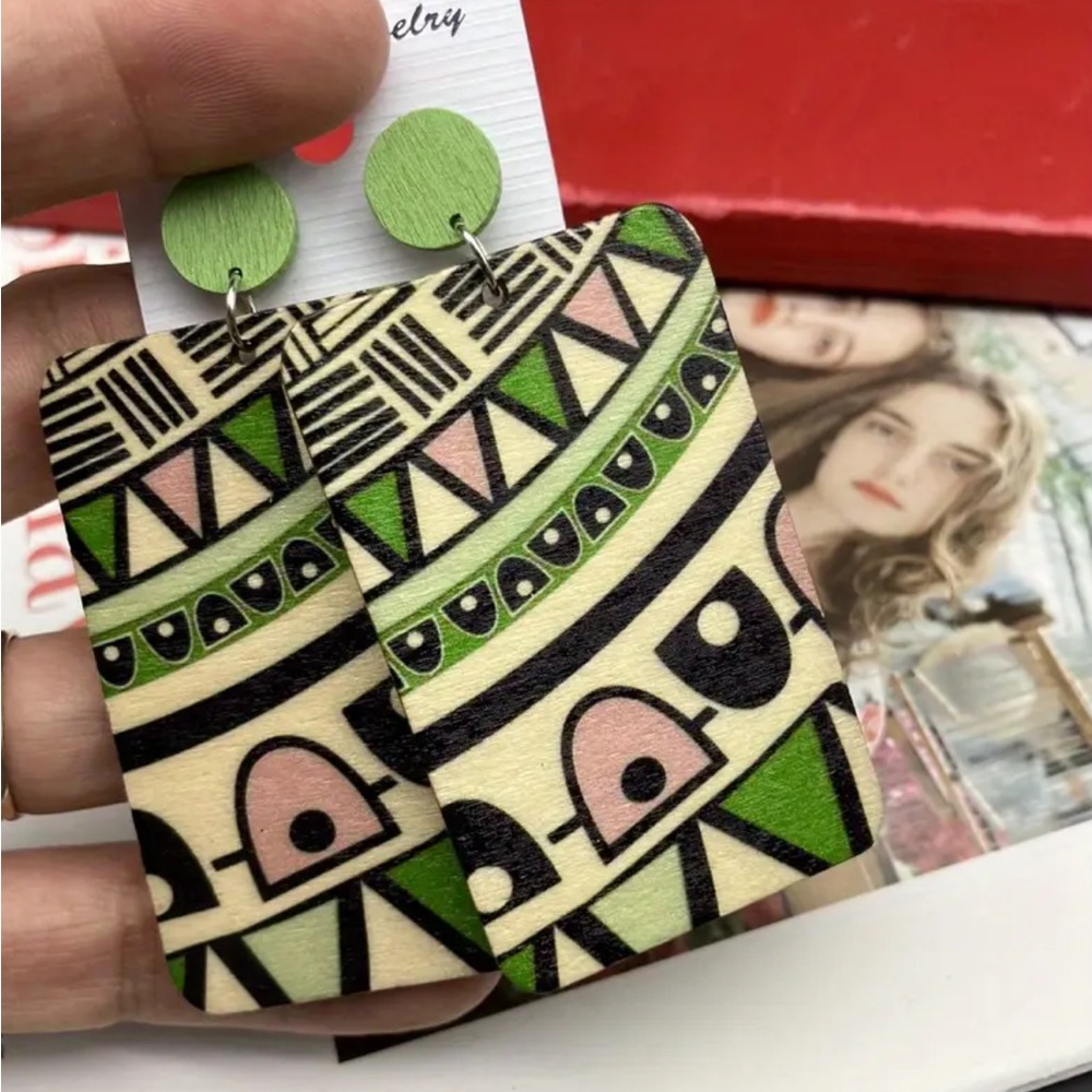 Geometric Green and Pink Wooden Earrings